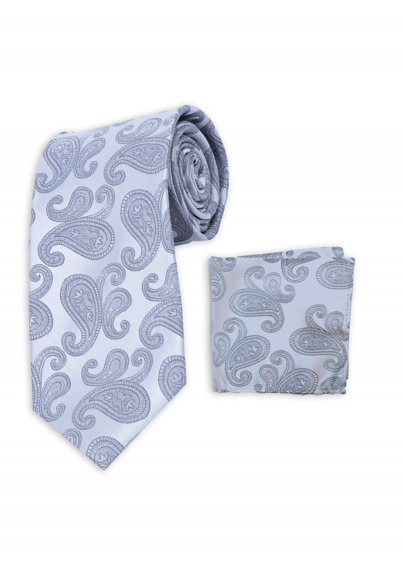 Set stropdas en sjaal zilverkleurig paisley motief