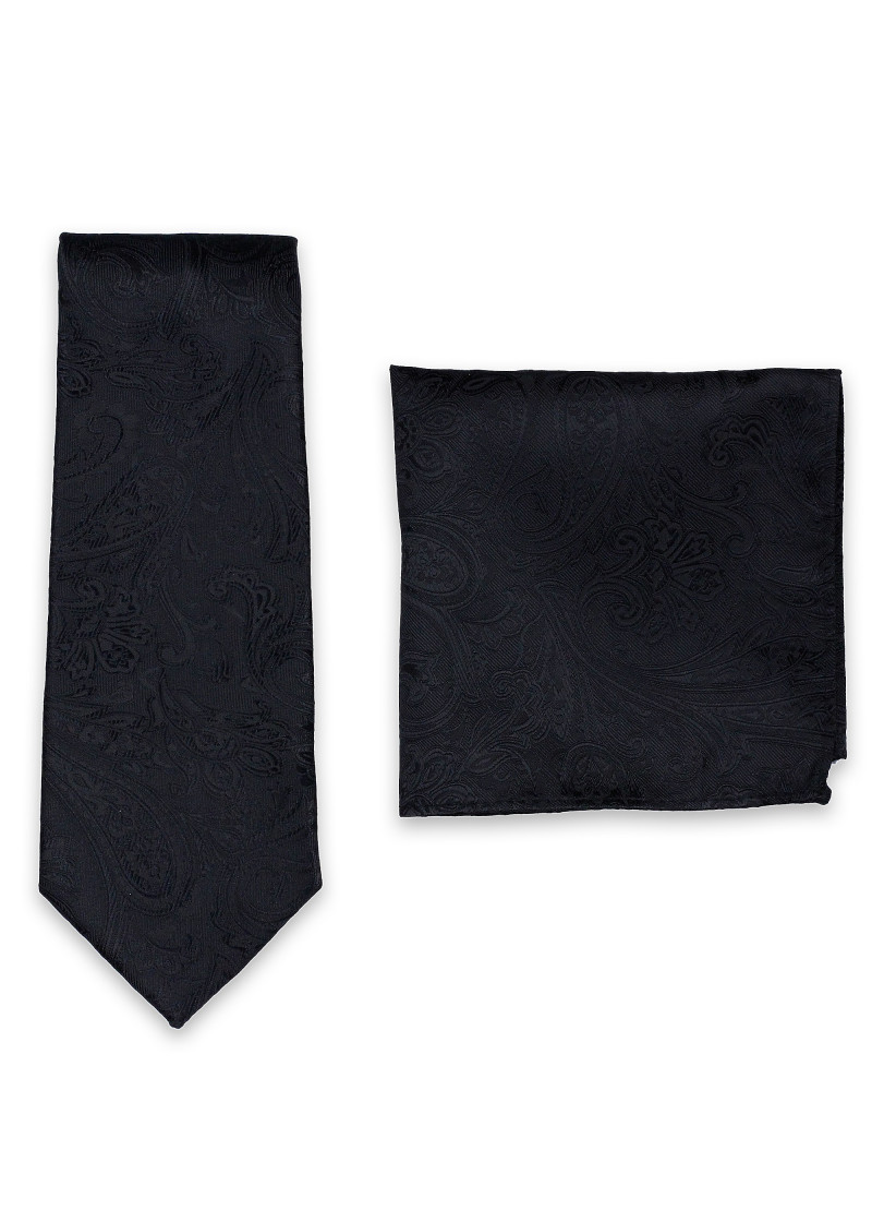 Set stropdas en zakdoek Paisley motief Nacht Zwart