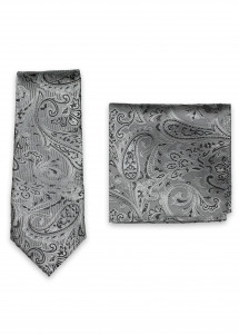 Set Herrenkrawatte und Einstecktuch Paisleymotiv silbergrau
