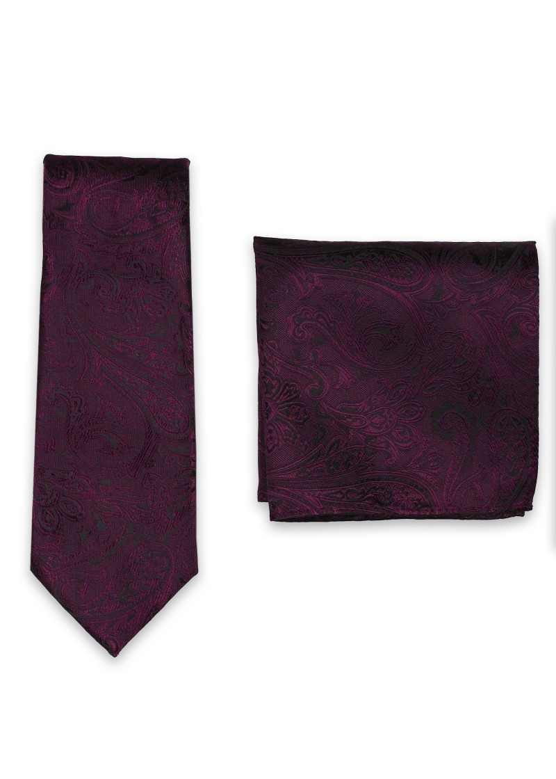 Set stropdas en pochet paisley motief bordeaux