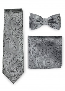 Set: Krawatte, Herren-Schleife, Ziertuch Paisley silber