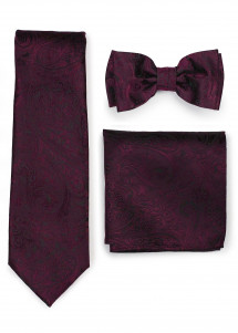 Set: Businesskrawatte, Herren-Schleife, Einstecktuch Paisley-Muster dunkelrot