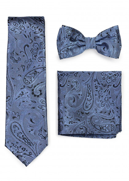 Set: Herrenkrawatte, Fliege, Einstecktuch Paisley-Muster hellblau