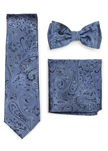 Set: Herrenkrawatte, Fliege, Einstecktuch Paisley-Muster hellblau
