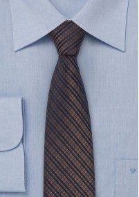 Smalle zijden stropdas blauw bruin