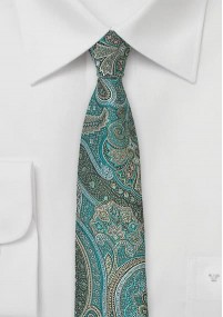 Smalle stropdas blauw/groen met met Paisley motief