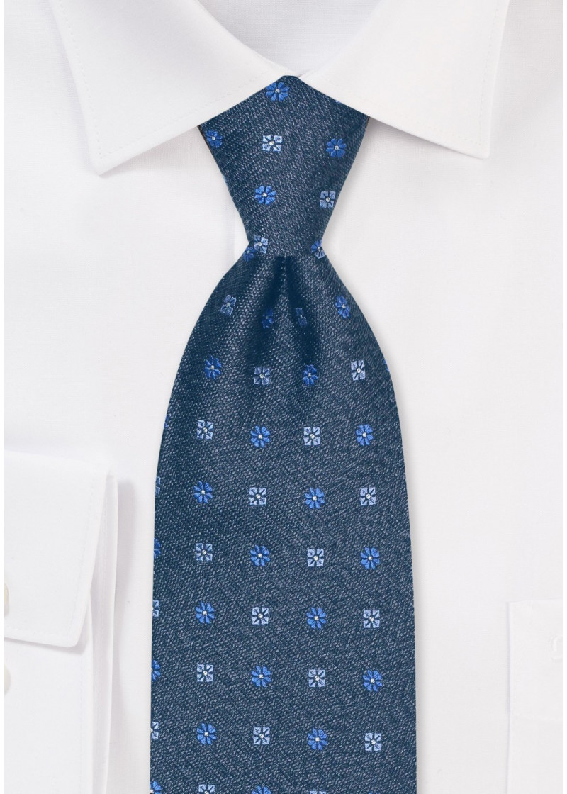 Zijden stropdas bloemenpatroon denimblauw