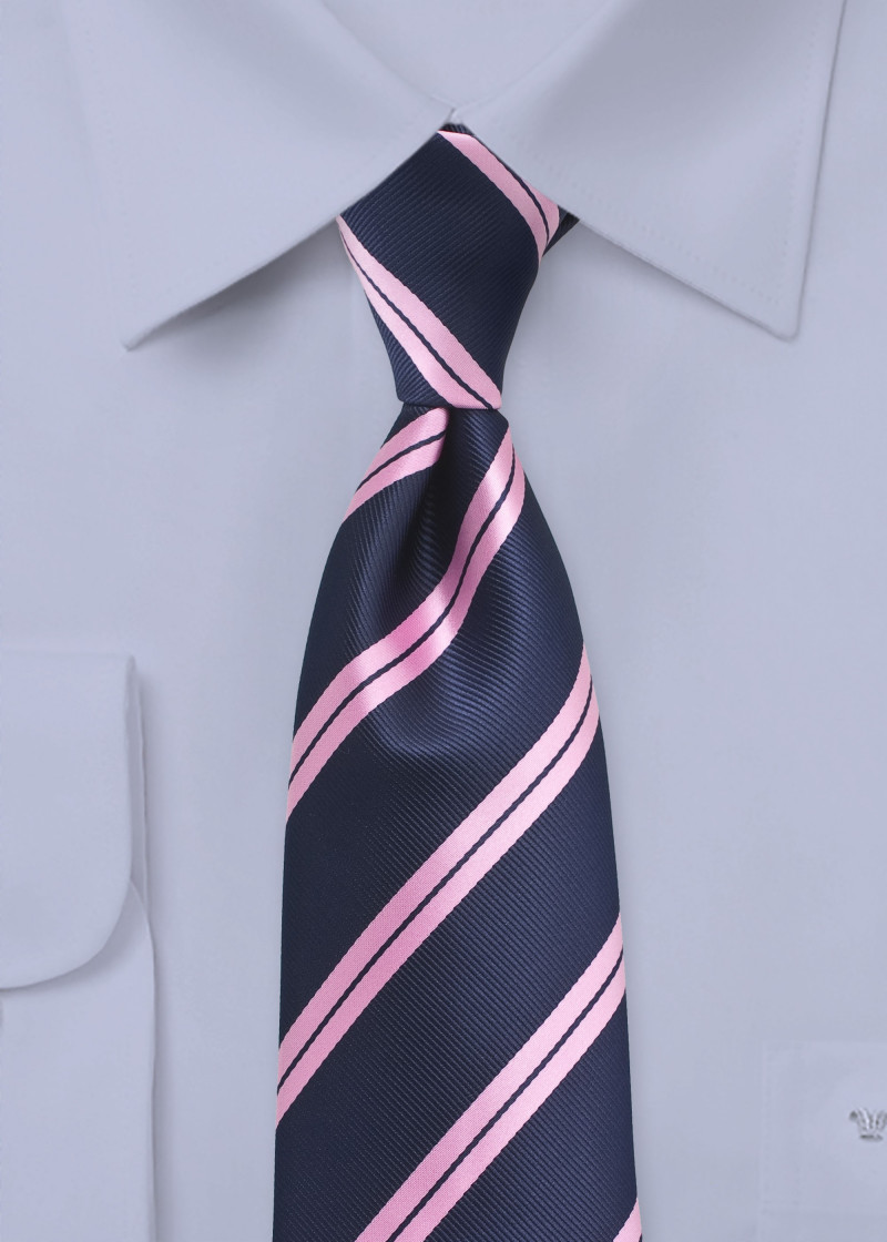 Stropdas gestreept marineblauw roze