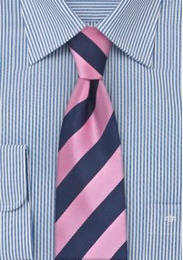 Smalle heren stropdas roze en blauw gestreept
