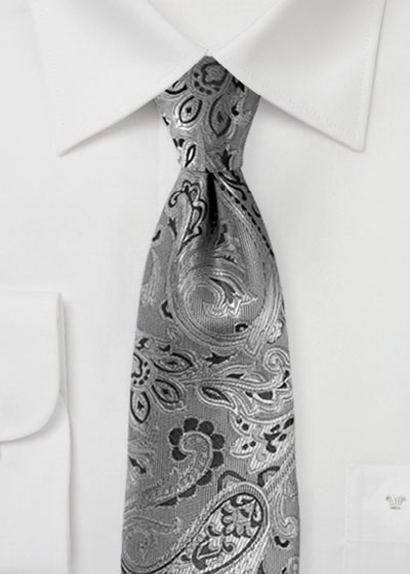 Stropdas elegant paisley motief zilver grijs zwart