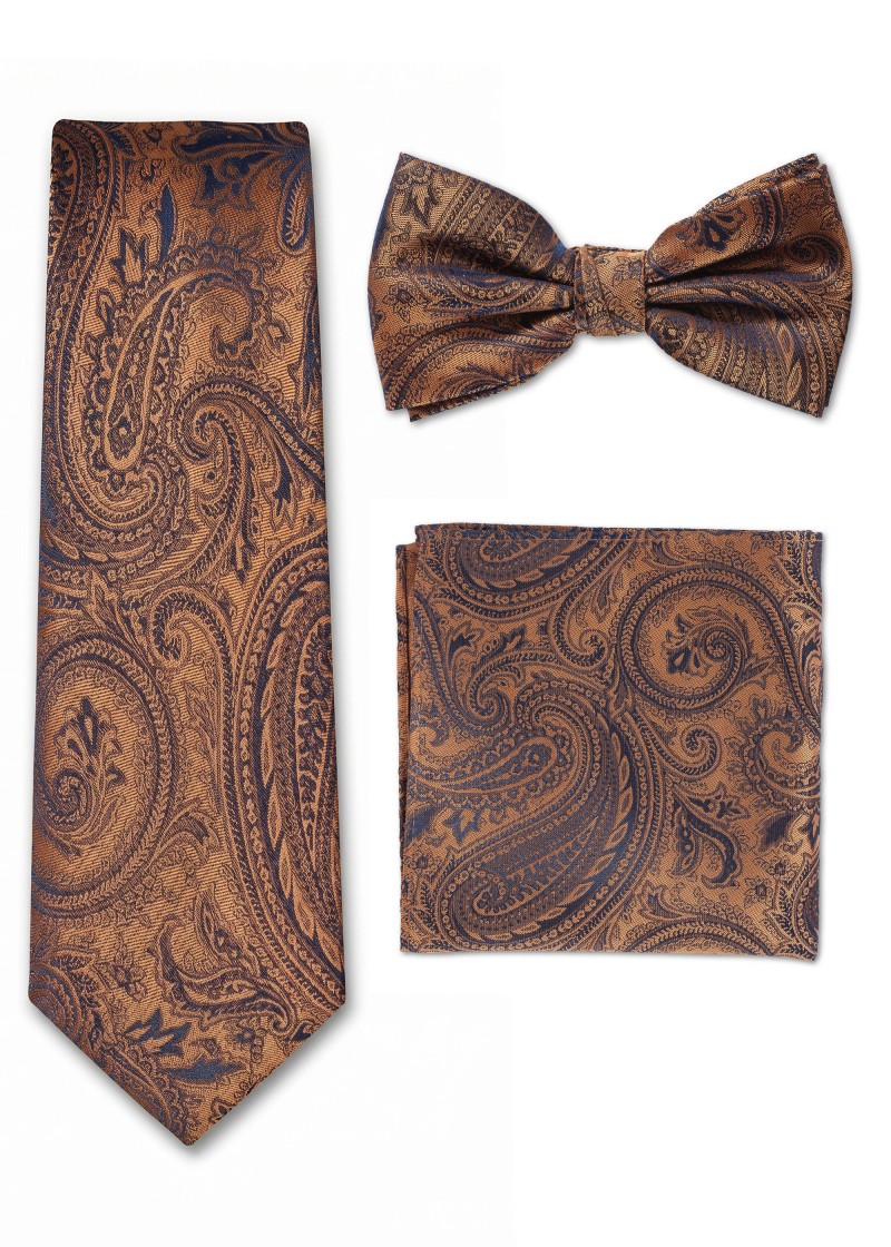 Herenset paisley koper donkerblauw - stropdas,