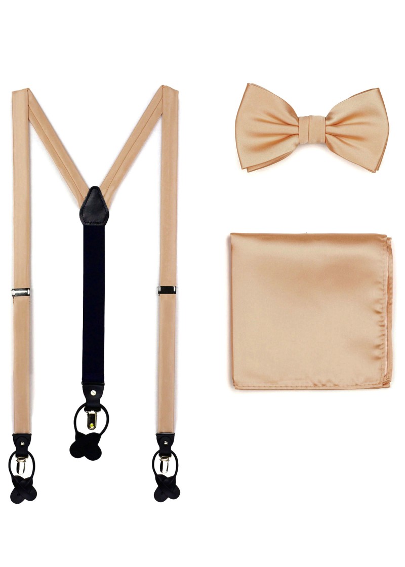 Geschenkset bretels, vlinderdas, pochet champagne