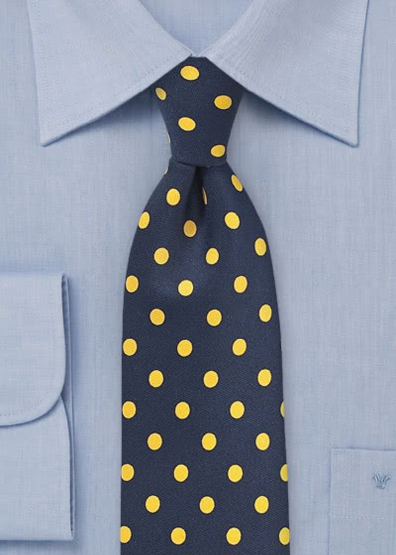 Stropdas grote punten marineblauw goudgeel