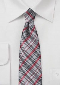 Smalle stropdas ruit-patroon zilver en rood