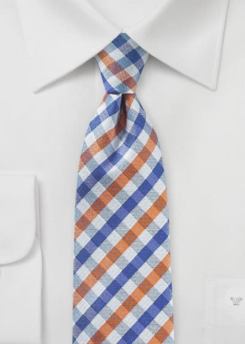 Stropdas Vichy ruitje koningsblauw oranje oranje
