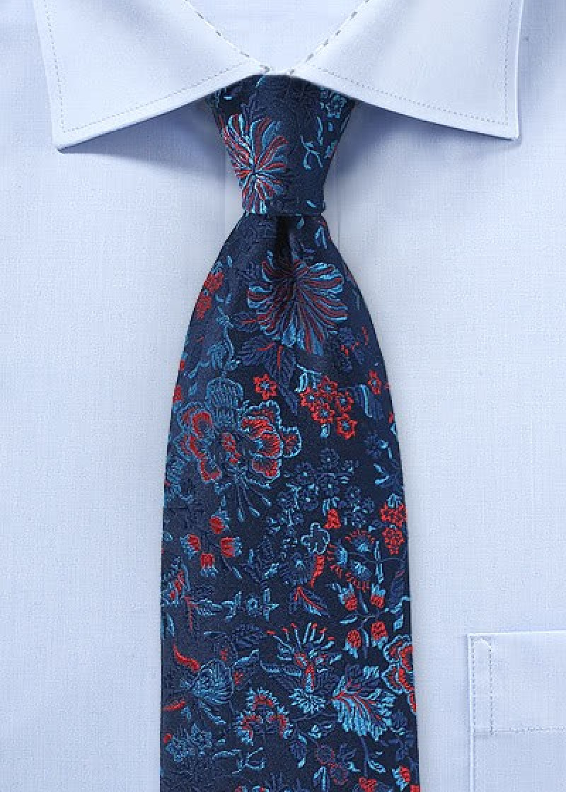 Stropdas bloemenpatroon marine met rood en