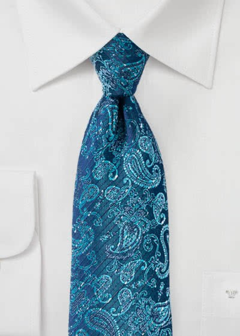 Stropdas paisley motief marine blauw cyaan