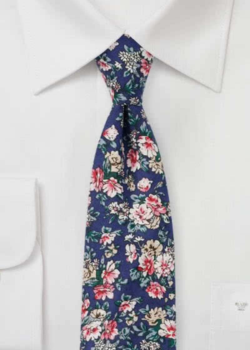Stropdas bloemenpatroon katoen donkerblauw